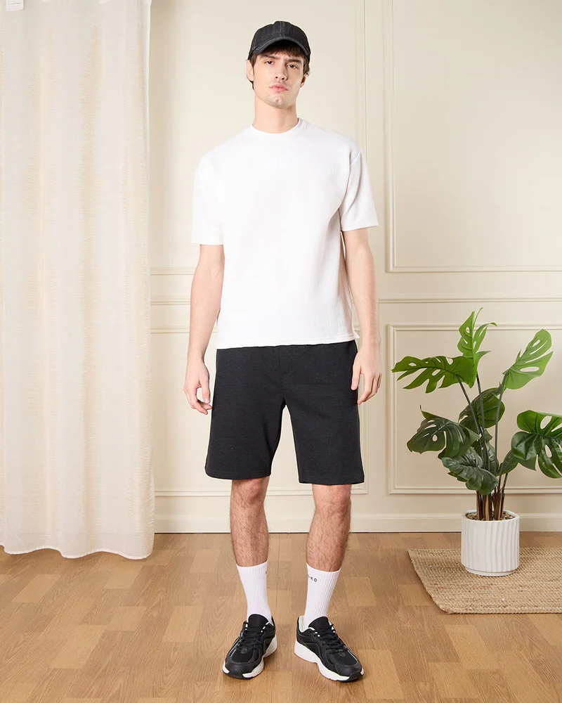 REDTAG Men White Jacquard T-Shirt