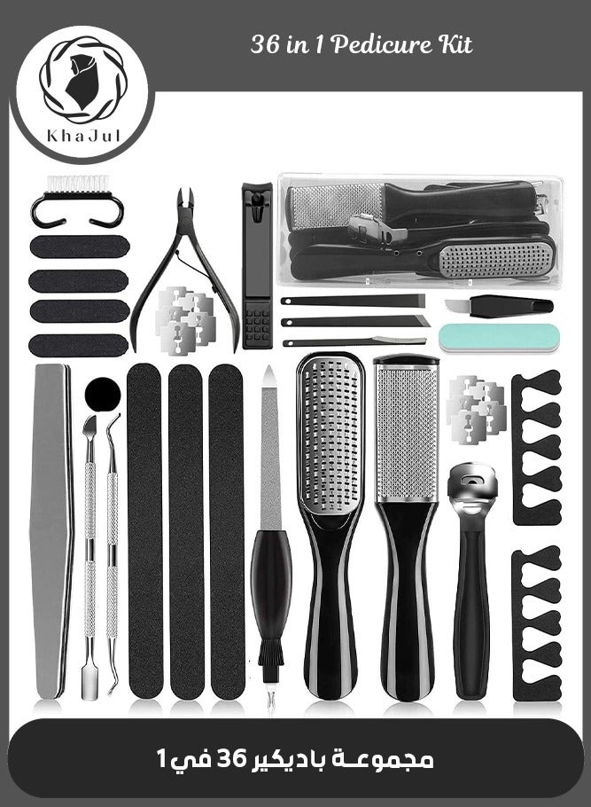 خاجول مجموعة أدوات باديكير احترافية 36 في 1، مجموعة مانيكير وباديكير لليدين والقدمين من الفولاذ المقاوم للصدأ، مجموعة مبرد القدم، مجموعة باديكير لإزالة الجلد الميت للرجال والنساء في الصالون أو المنزل، أفضل هدية (أسود) - Image 1