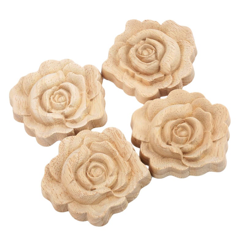 MUXSAM 4-Pack Wooden Onlay Appliques, Rose Flower Carved Detail Molding Decal Rustic European Craft Unpainted for Mirror Dresser Bed Door Cabinet Chest Decoration, 7x7x1.5 cm/2.76x2.76x0.59 Inch