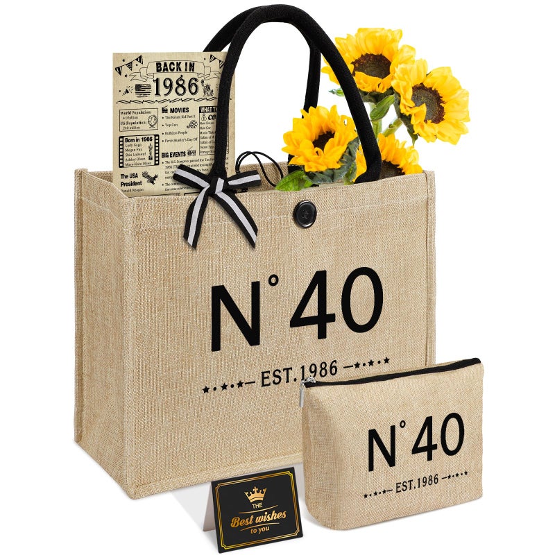 YeohJoy 40th Birthday Gifts for Women Jute Tote Bag, Vintage NÂ°40 Burlap Handbag with Cosmetic Bag and Back in 1986 Poster, Unique 40 Years Old Gifts for Mom Wife Friends Sister Her - Image 1