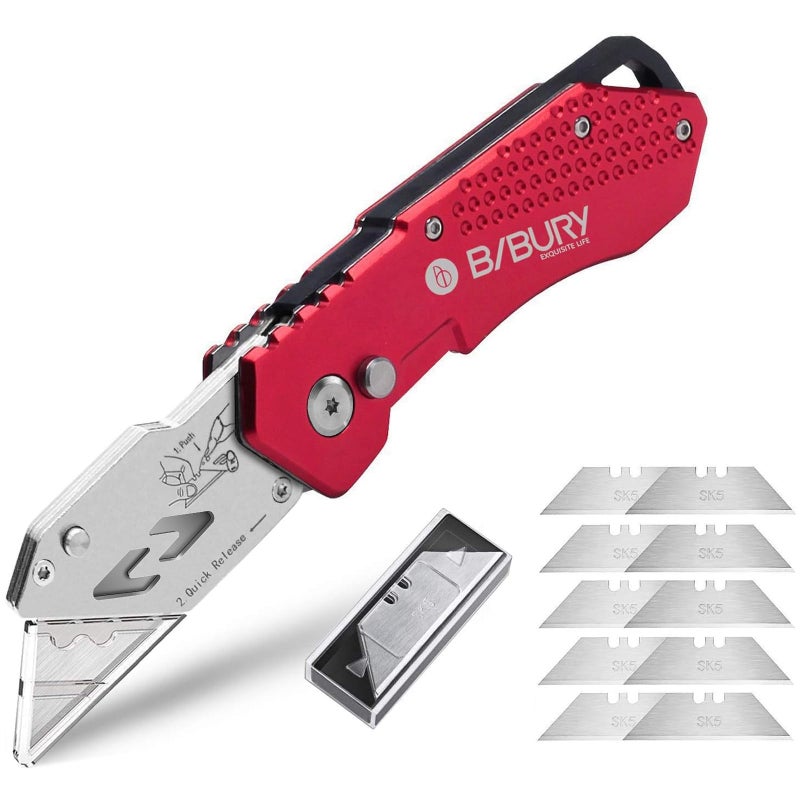 BIBURY Utility Knife, BIBURY Upgraded Version Heavy Duty Box Cutter, Pocket Carpet knife with 10 Replaceable SK5 Stainless Steel Blades, Belt Clip, Easy Release Button, Quick Change and Safety Lock-Red - Image 1