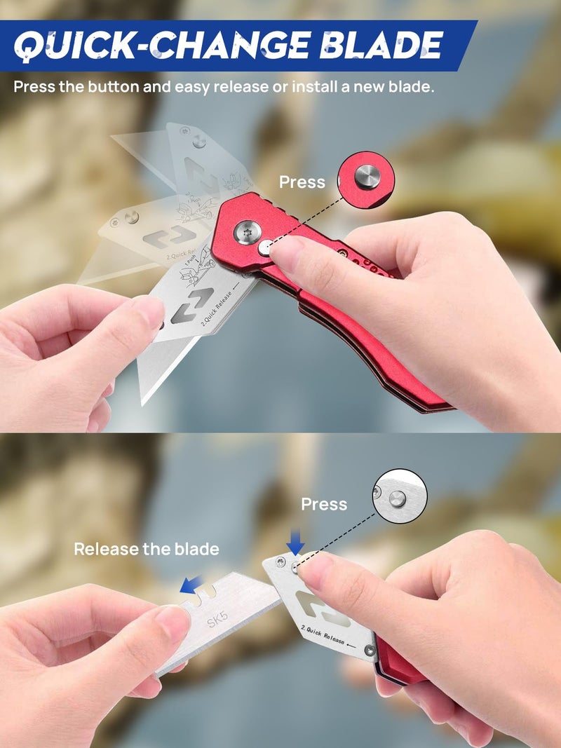 BIBURY Utility Knife, BIBURY Upgraded Version Heavy Duty Box Cutter, Pocket Carpet knife with 10 Replaceable SK5 Stainless Steel Blades, Belt Clip, Easy Release Button, Quick Change and Safety Lock-Red - Image 2