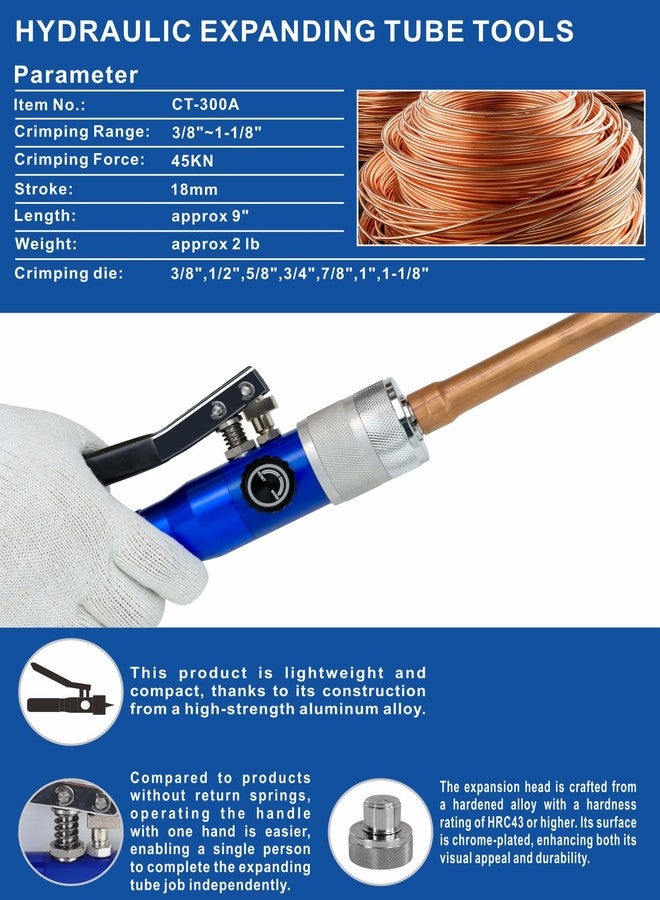 AMZCNC Hydraulic Tube Expander Compact Swaging Tool Kit with Tube Cutter, Deburring Tool and 7 Expander Heads for 3/8 to 1-1/8 Inches Copper Pipes HVAC Expander Tools (3/8“~1-1/8”), CT-300 - Image 2
