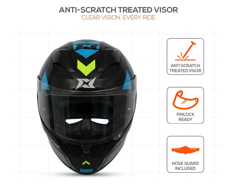AXXIS Segment Selector Full Face Helmet | ISI & DOT Certified | Anti-Scratch Clear Visor | Polycarbonate Shell | Multi-Ventilation | Removable Padding | Quick-Release Buckle (Blue Neon, L) - Image 4