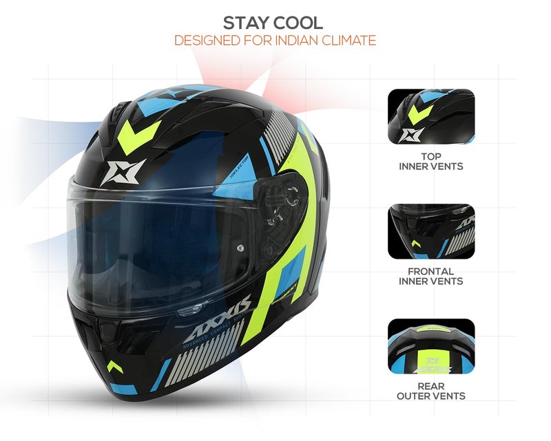 AXXIS Segment Selector Full Face Helmet | ISI & DOT Certified | Anti-Scratch Clear Visor | Polycarbonate Shell | Multi-Ventilation | Removable Padding | Quick-Release Buckle (Blue Neon, L) - Image 3