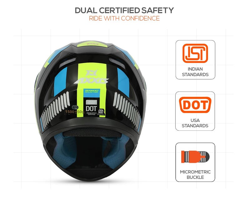 AXXIS Segment Selector Full Face Helmet | ISI & DOT Certified | Anti-Scratch Clear Visor | Polycarbonate Shell | Multi-Ventilation | Removable Padding | Quick-Release Buckle (Blue Neon, L) - Image 5
