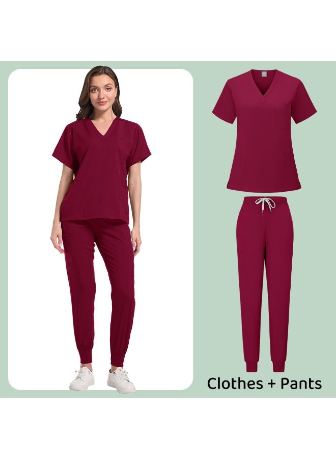 Loquat Womens Medical Scrubs Set Medical Uniform Set Wine Red - Image 1