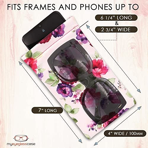 MyEyeglassCase Women Soft Sunglasses Case - Large Glasses Holder in Floral Microfiber Print - Squeeze Top Eyeglass Pouch with Cloth - Passport Holder, Smart Phone Case (CT8 Cranberry Rose) - Image 4