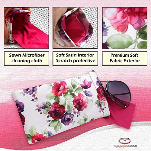 MyEyeglassCase Women Soft Sunglasses Case - Large Glasses Holder in Floral Microfiber Print - Squeeze Top Eyeglass Pouch with Cloth - Passport Holder, Smart Phone Case (CT8 Cranberry Rose) - Image 3