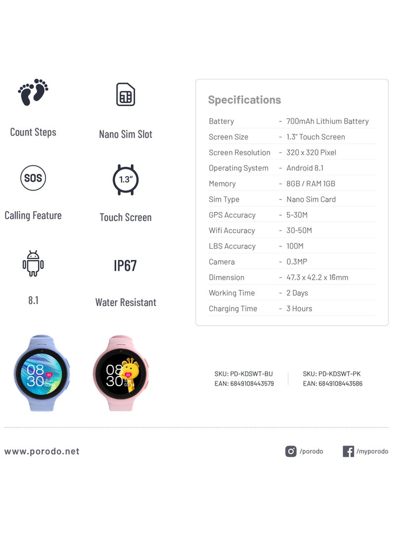 Smart Watch for Kids with JuniCare app and WhatsApp / IP67 Water Resistant / 1.3" Touch Screen / 2 Days Working Time / Count Steps- Blue