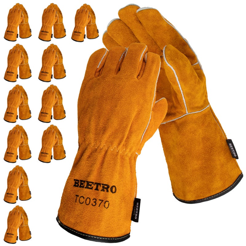 BEETRO BEETRO Welding Gloves 12 Pairs Cow Leather ForgeMigStickTig Welder HeatFire Resistant Mitts for OvenGrillFireplaceFurnaceStovePot HolderWood BurnerAnimal handling Glove with Soft Lining 