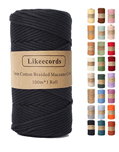 Likeecords Braided Cotton Cord 3mm×109 Yards Natural Macrame Cotton Cord Bohemia Macrame Rope for Handmade Plant Hangers Wall (Black) - Image 1