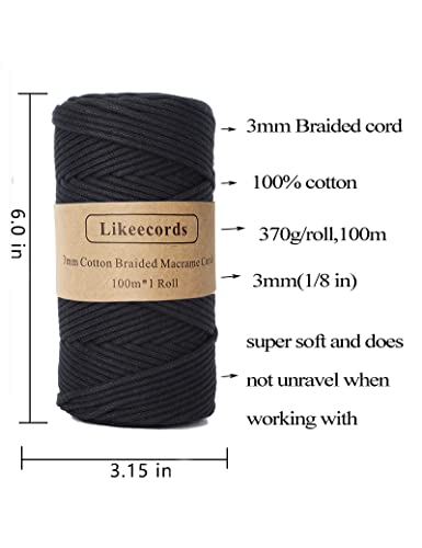 Likeecords Braided Cotton Cord 3mm×109 Yards Natural Macrame Cotton Cord Bohemia Macrame Rope for Handmade Plant Hangers Wall (Black) - Image 2