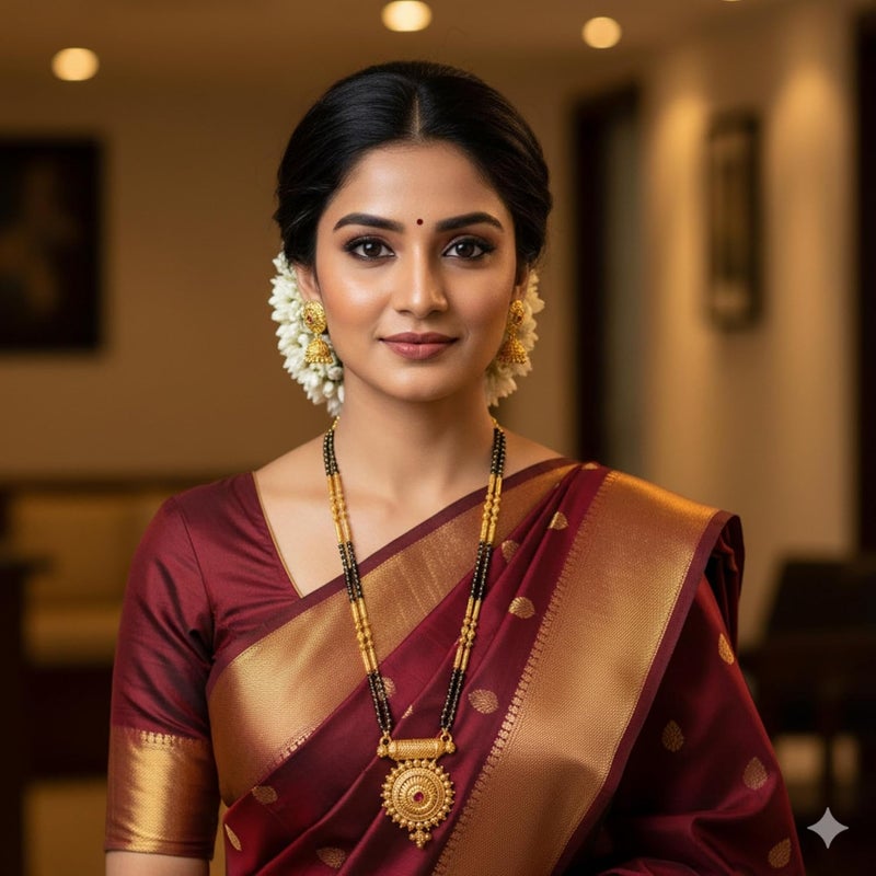 AAIKU Traditional Maharashtrian Long Mangalsutra with Pendant & Earrings | Antique Gold Plated Black Bead Chain | Micropolish Jewelry for Women & Girls Style - Image 5