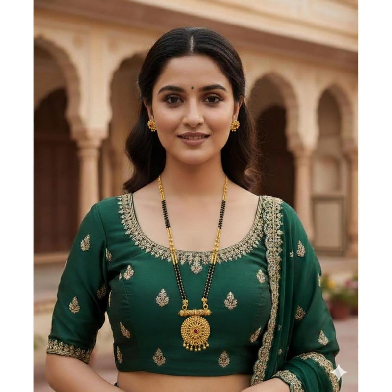 AAIKU Traditional Maharashtrian Long Mangalsutra with Pendant & Earrings | Antique Gold Plated Black Bead Chain | Micropolish Jewelry for Women & Girls Style - Image 3