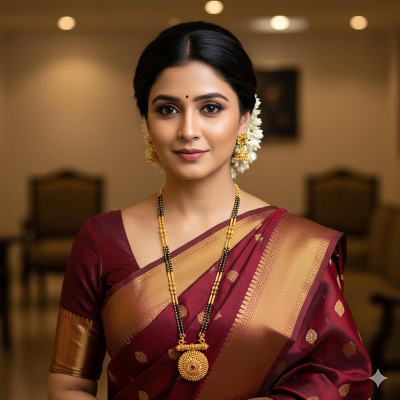 AAIKU Traditional Maharashtrian Long Mangalsutra with Pendant & Earrings | Antique Gold Plated Black Bead Chain | Micropolish Jewelry for Women & Girls Style - Image 2