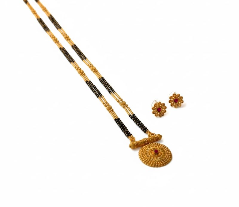 AAIKU Traditional Maharashtrian Long Mangalsutra with Pendant & Earrings | Antique Gold Plated Black Bead Chain | Micropolish Jewelry for Women & Girls Style - Image 1