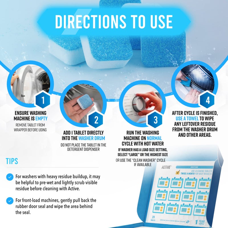 Active Washing Machine Cleaner Descaler 24 Pack - Deep Cleaning Tablets For HE Front Loader & Top Load Washer, Septic Safe Eco-Friendly Deodorizer, Clean Inside Drum and Laundry Tub Seal - 12 Month Supply - Image 4