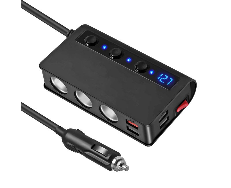 شاحن السيارة: خرج قوة عالية 180 واط، محمية بمصهر داخلي 10 أمبير - منافذ USB مزدوجة شحن سريع QC3.0، وعرض مقياس الجهد بالضوء المتصدر (LED) للسيارات الشاحنة والسيارات النفاثة (SUV) - Image 1