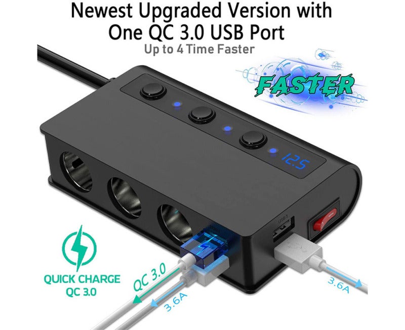 شاحن السيارة: خرج قوة عالية 180 واط، محمية بمصهر داخلي 10 أمبير - منافذ USB مزدوجة شحن سريع QC3.0، وعرض مقياس الجهد بالضوء المتصدر (LED) للسيارات الشاحنة والسيارات النفاثة (SUV) - Image 5