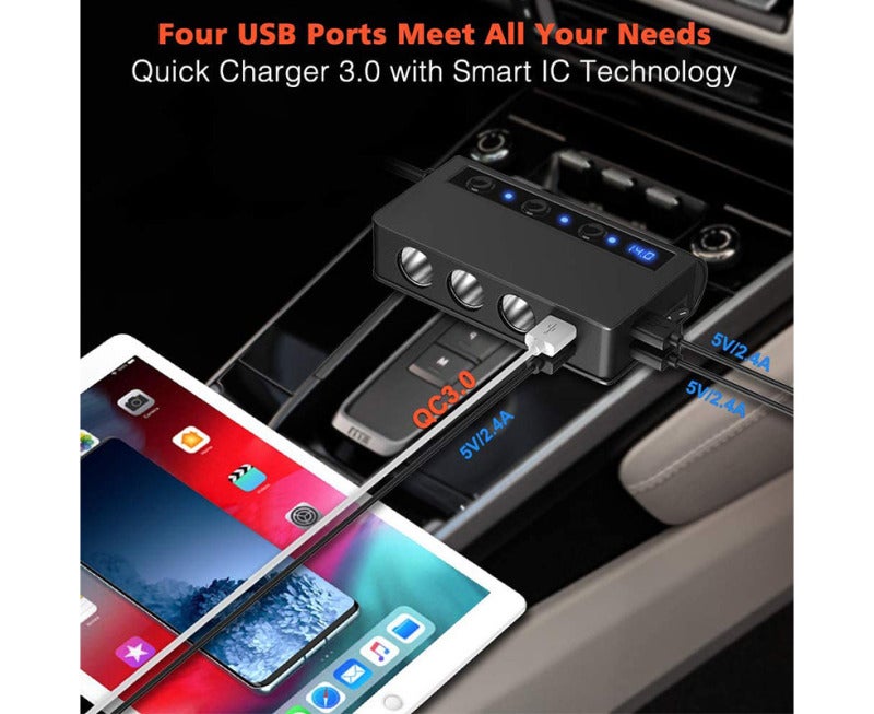 شاحن السيارة: خرج قوة عالية 180 واط، محمية بمصهر داخلي 10 أمبير - منافذ USB مزدوجة شحن سريع QC3.0، وعرض مقياس الجهد بالضوء المتصدر (LED) للسيارات الشاحنة والسيارات النفاثة (SUV) - Image 4
