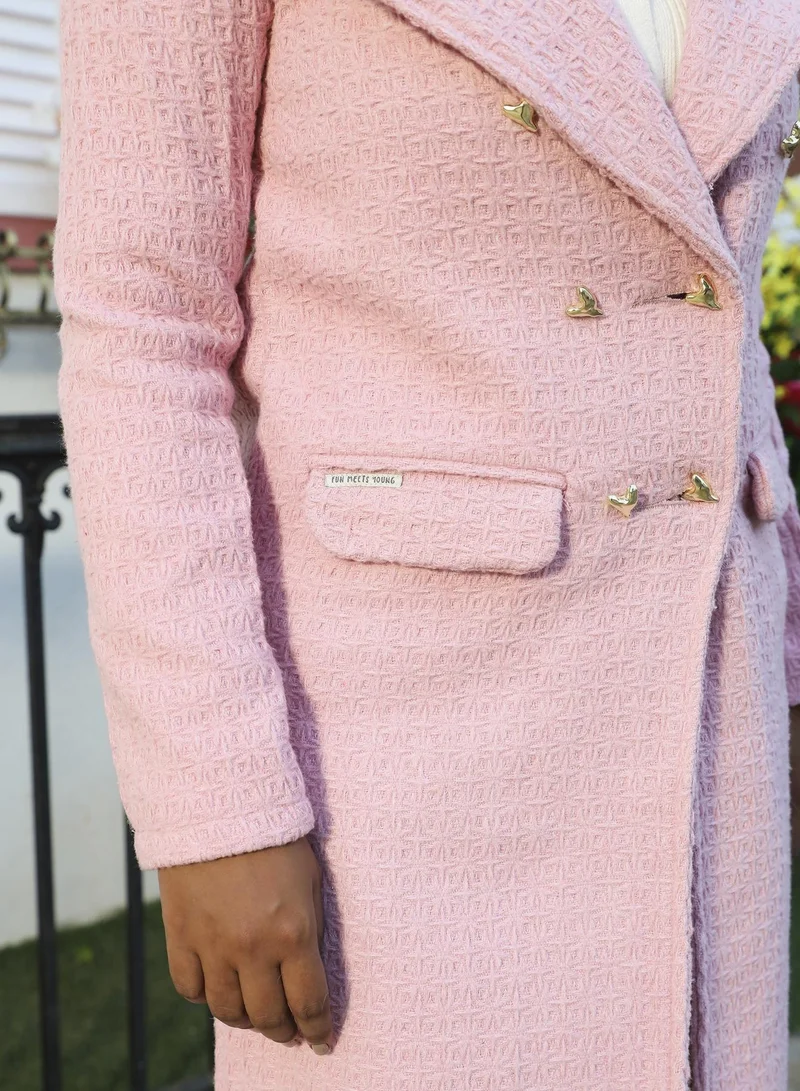 Campus Sutra Women's Blush Pink Double-Breasted Self-Design Long Coat