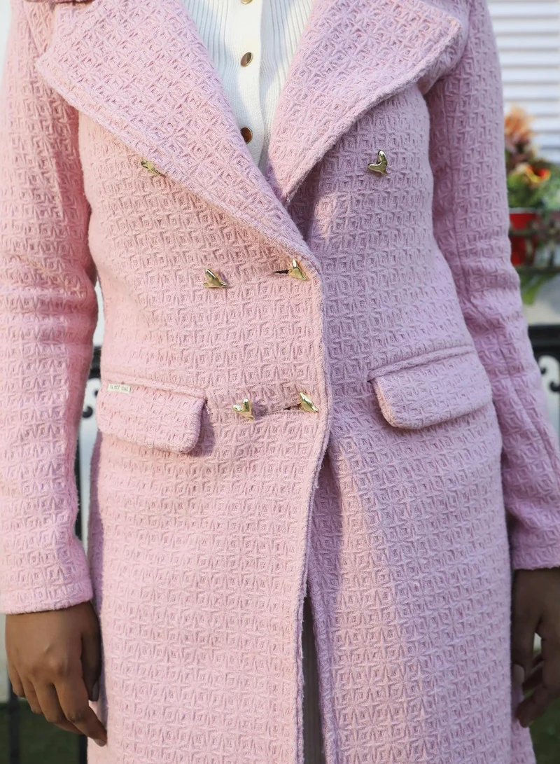 Campus Sutra Women's Blush Pink Double-Breasted Self-Design Long Coat