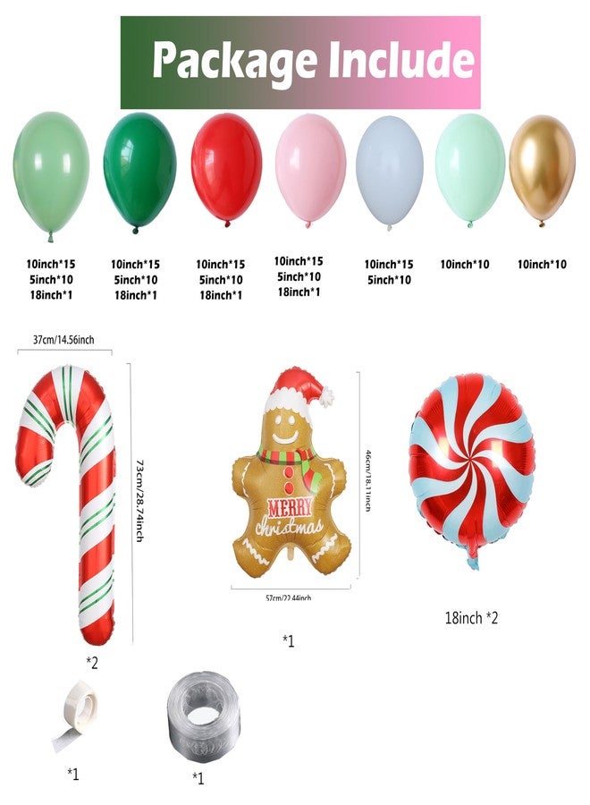 بالونار طقم قوس بالونات عيد الميلاد على شكل خبز الزنجبيل مع 150 قطعة من بالونات اللاتكس الخضراء والوردية والحمراء، بالونات قصب الحلوى والرقائق المعدنية لتزيين حفلات عيد الميلاد ورأس السنة الجديدة ومنزل خبز الزنجبيل (أخضر وردي أحمر) - Image 3