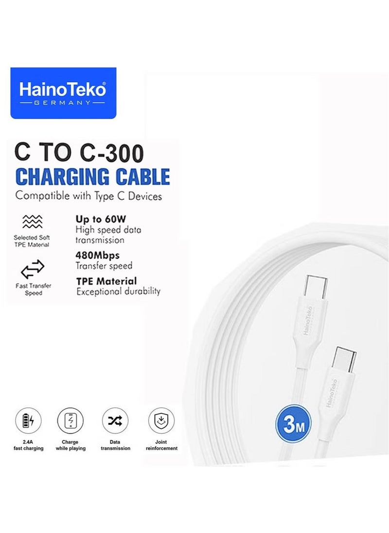 C to C 300 3 Meter Fast Charging Data Cable – High-Speed USB Type-C to Type-C, 3M Length, Quick Charging & Data Sync, Compatible with Type-C Devices, White