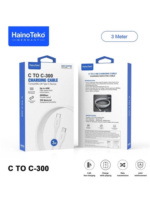 C to C 300 3 Meter Fast Charging Data Cable – High-Speed USB Type-C to Type-C, 3M Length, Quick Charging & Data Sync, Compatible with Type-C Devices, White