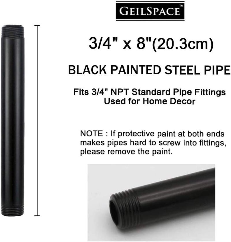 GeilSpace 6 Pack 3/4" × 8" Pre-Cut Black Metal Pipe, Industrial Steel Fits Standard Three Quarters Inch Black Threaded Pipes and Fittings - Vintage DIY Industrial Shelving (3/4" × 8") - Image 2
