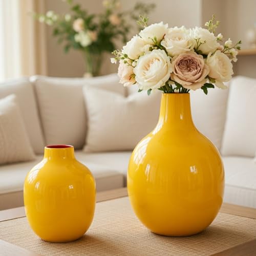 BEHOMA Yellow Metal Flower Vase for Modern Shape Home Decor| Yellow Flower Pot for Living Room Office| Table Decorative Flower Pot for Gifting | Pack of 2 (Flower Not Included) - Image 1