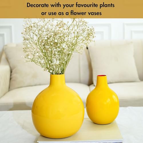 BEHOMA Yellow Metal Flower Vase for Modern Shape Home Decor| Yellow Flower Pot for Living Room Office| Table Decorative Flower Pot for Gifting | Pack of 2 (Flower Not Included) - Image 2