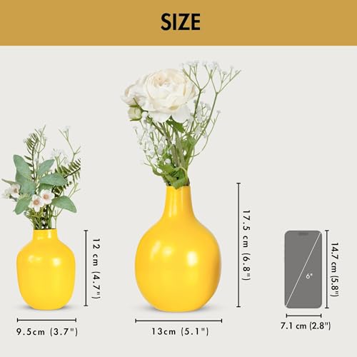 BEHOMA Yellow Metal Flower Vase for Modern Shape Home Decor| Yellow Flower Pot for Living Room Office| Table Decorative Flower Pot for Gifting | Pack of 2 (Flower Not Included) - Image 5