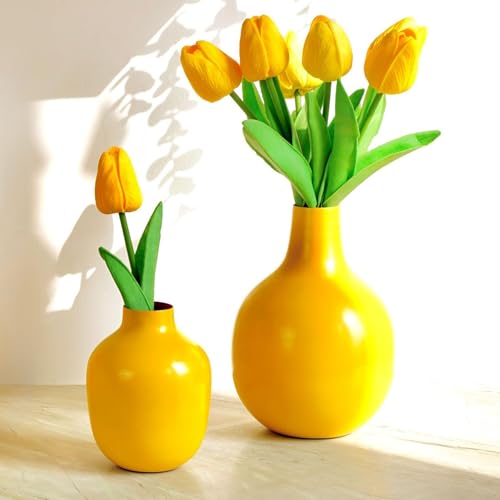 BEHOMA Yellow Metal Flower Vase for Modern Shape Home Decor| Yellow Flower Pot for Living Room Office| Table Decorative Flower Pot for Gifting | Pack of 2 (Flower Not Included) - Image 4