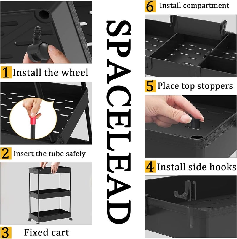 SPACELEAD Slim Storage Cart,3 Tier Bathroom Rolling Utility Cart Storage Organizer Slide Out Cart, Mobile Shelving Unit Organizer Trolley for Office Bathroom Kitchen Laundry Room Narrow Places, Black - Image 5