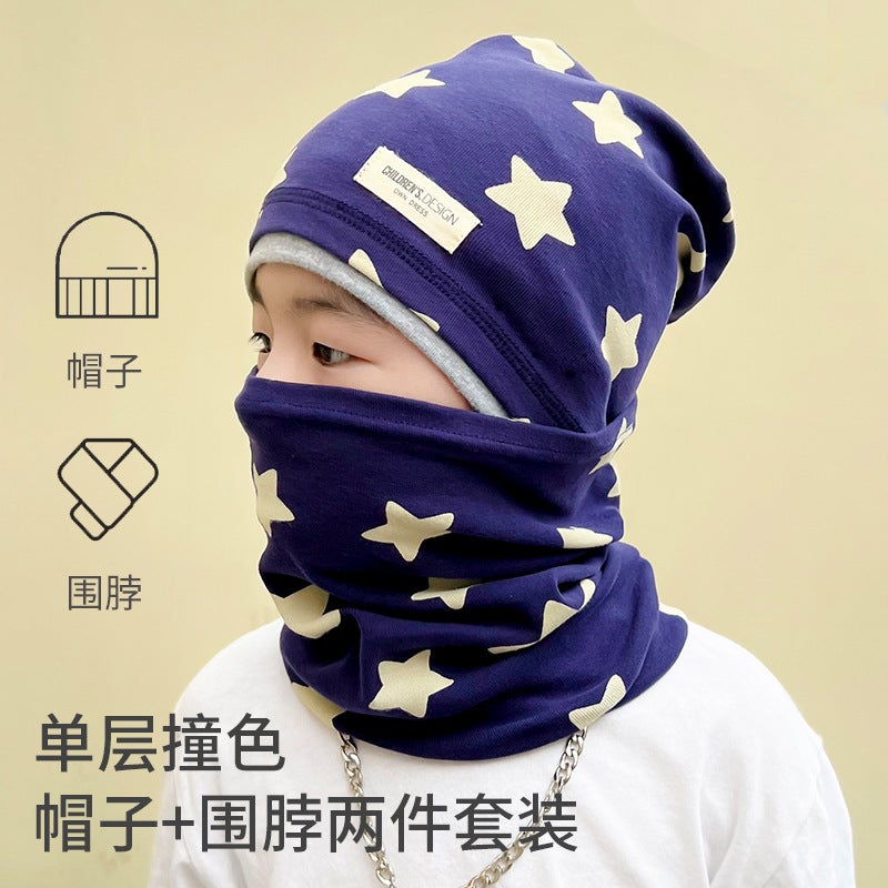 New Single-Layer Children'S Pile Cap Scarf Two-Piece Suit Cotton Printed Pullover Cap Windproof Ear Protection Hat - Image 2