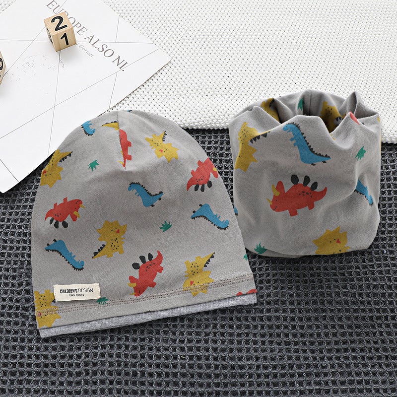 New Single-Layer Children'S Pile Cap Scarf Two-Piece Suit Cotton Printed Pullover Cap Windproof Ear Protection Hat - Image 1