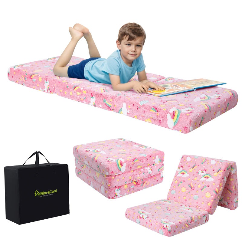 MeMoreCool Glow Pink Unicorn Foldable Floor Mattress for Kids Trifold Nap Mat for Toddlers Portable Daycare Sleeping Futon or Floor Bed 57x22 Inch