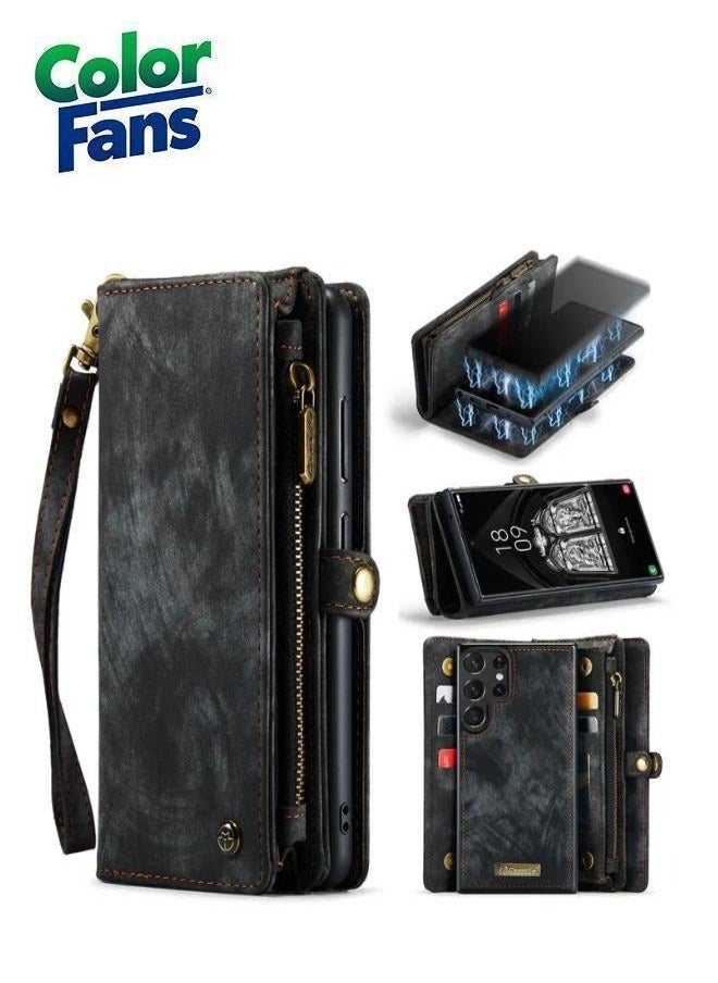 Color Fans Samsung Galaxy S24 Ultra Multi-Functional PU Leather Adjustable Stand Flip Cover Detachable Magnetic Zipper Wallet Case - Black  - Image 1