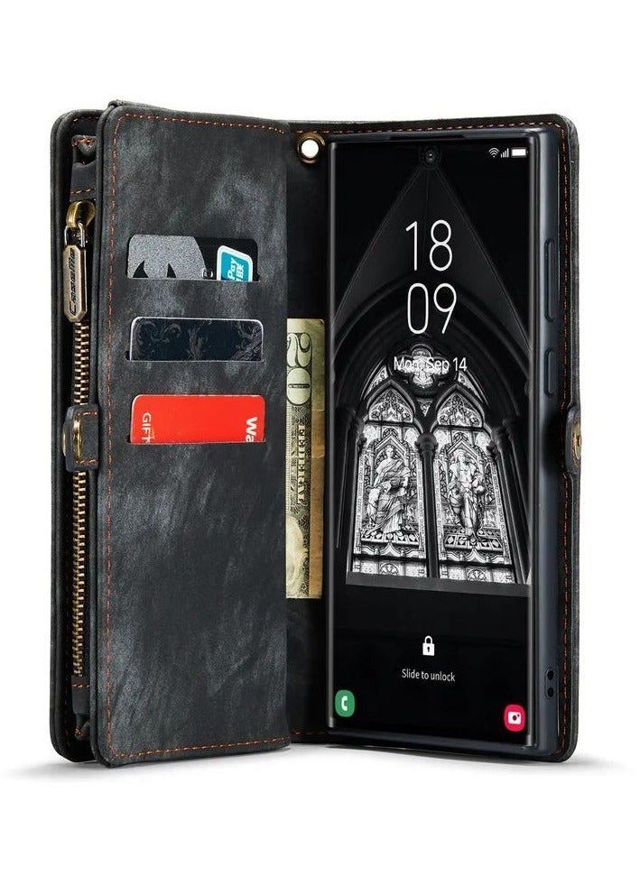 Color Fans Samsung Galaxy S24 Ultra Multi-Functional PU Leather Adjustable Stand Flip Cover Detachable Magnetic Zipper Wallet Case - Black  - Image 2