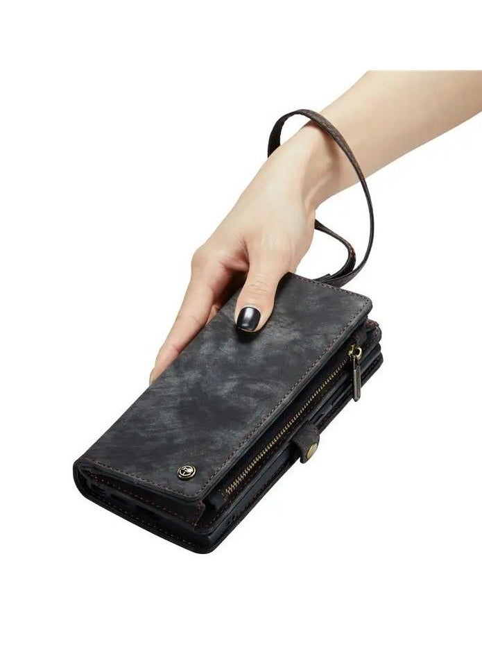 Color Fans Samsung Galaxy S24 Ultra Multi-Functional PU Leather Adjustable Stand Flip Cover Detachable Magnetic Zipper Wallet Case - Black  - Image 4