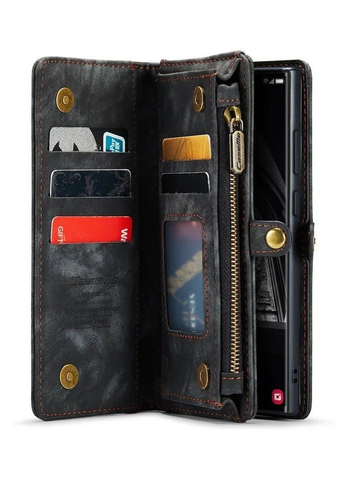 Color Fans Samsung Galaxy S24 Ultra Multi-Functional PU Leather Adjustable Stand Flip Cover Detachable Magnetic Zipper Wallet Case - Black  - Image 5