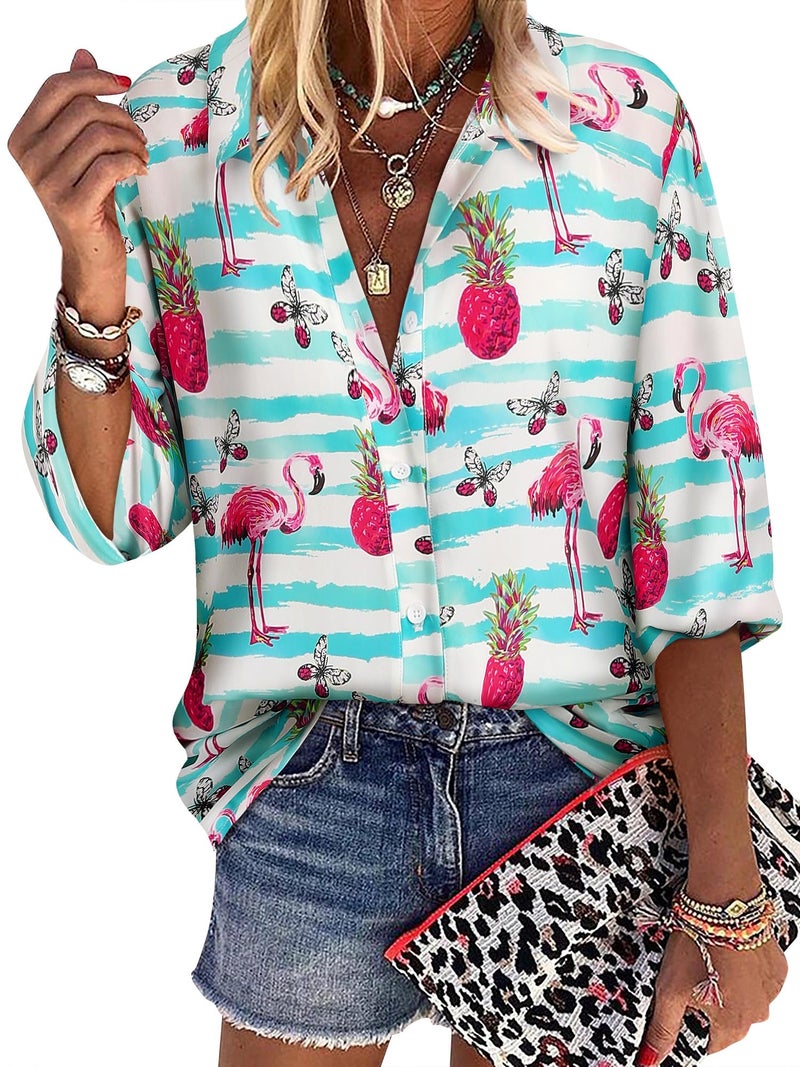 ZXZY Women Pineapple Printed Lapel Collar Half Sleeves Buttons Down Blouse Shirt - Image 1