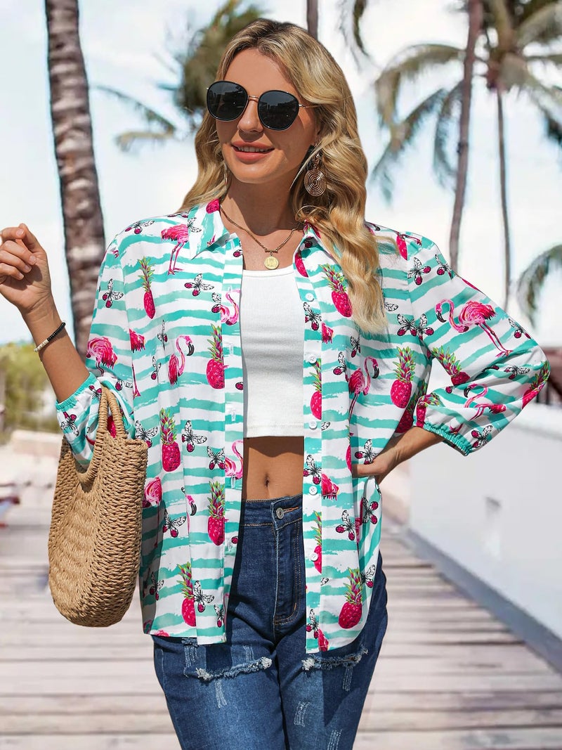 ZXZY Women Pineapple Printed Lapel Collar Half Sleeves Buttons Down Blouse Shirt - Image 4