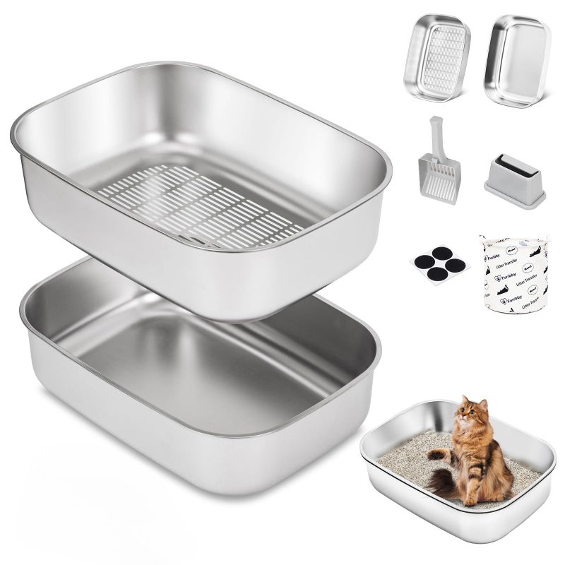 DOWANQO Stainless Steel Sifting Litter Box with Lid, Metal Litter Pan with Scoop for Big Cats Multi Cat, Extra Large Cats Litterbox Odor Control Easy Clean - Image 1