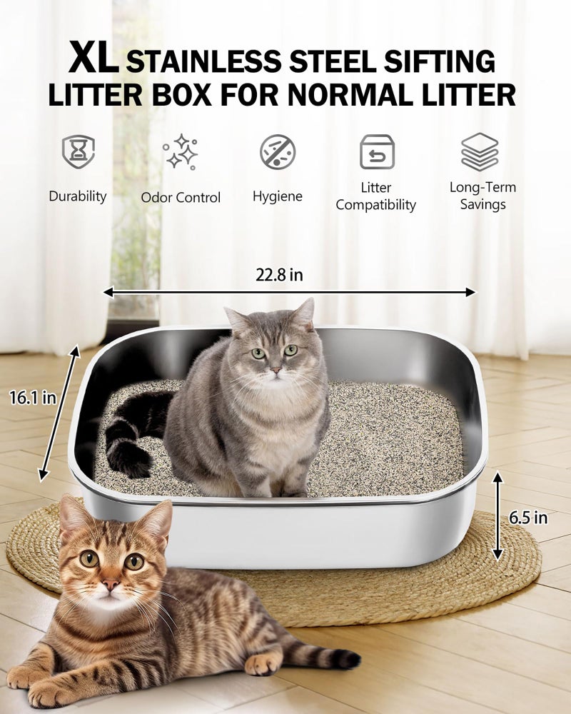 DOWANQO Stainless Steel Sifting Litter Box with Lid, Metal Litter Pan with Scoop for Big Cats Multi Cat, Extra Large Cats Litterbox Odor Control Easy Clean - Image 2