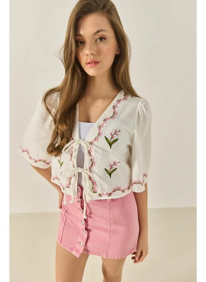 Ginger Floral Embroidered Boho Tie Up Top