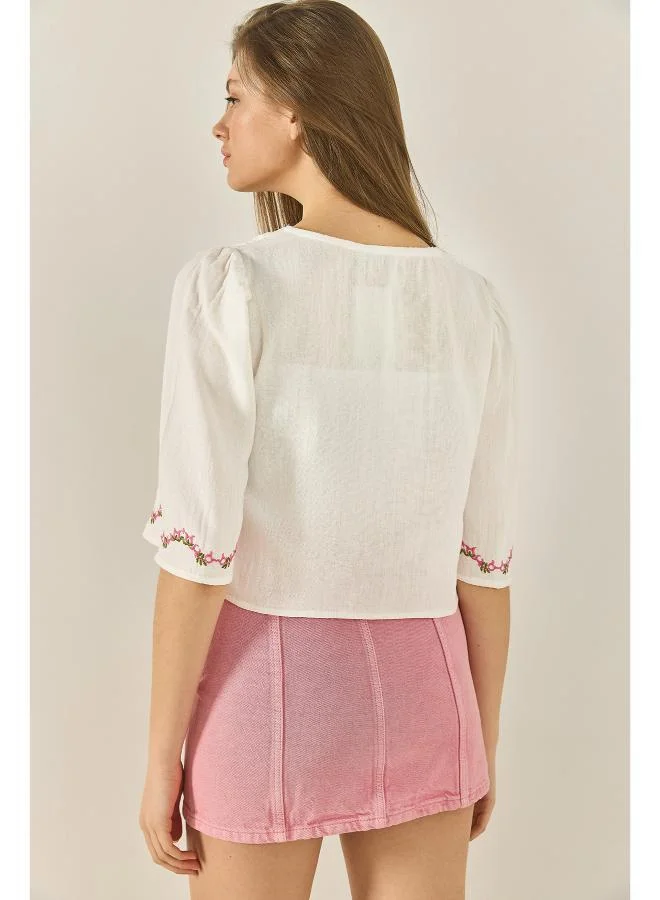 Ginger Floral Embroidered Boho Tie Up Top