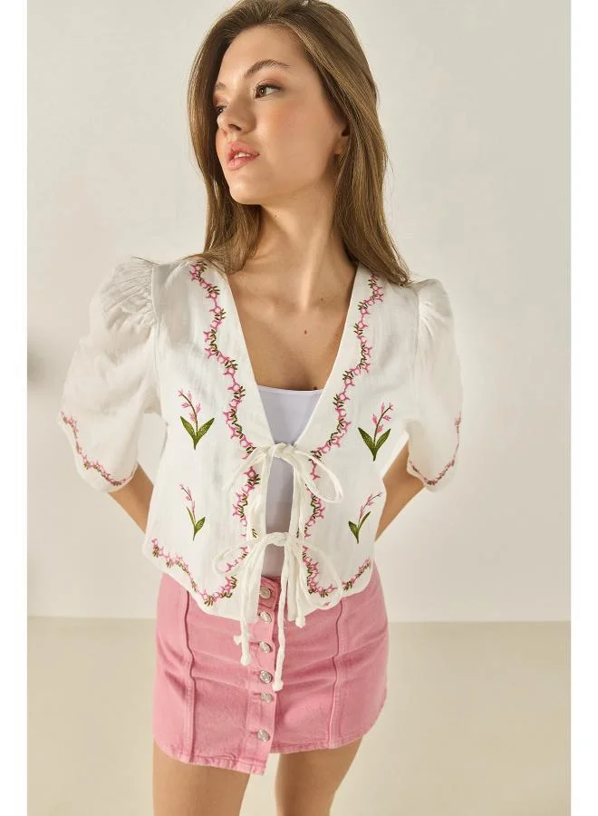 Ginger Floral Embroidered Boho Tie Up Top